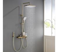 Colonne de Douche Thermostatique avec Affichage LED Ensemble de Douche 4 Fonctions Pommeau de Douche 35x22cm, Douchette 3 Jets, Robinet Cascade, Hauteur Réglable, Or Brossé