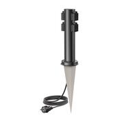 ledscom.de Colonne de Prises de Jardin PORU avec Piquet et câble de 5 m pour l'extérieur, 4 Prises, Acier Inoxydable, Noir, Ronde, 38 cm