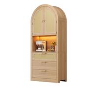 Colonne de rangement moderne 180 cm, LED réglable, portes rotin, 1 vitrine + 2 étagères + 3 tiroirs, chêne clair