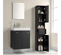 Colonne de salle de bain avec Un Tiroir, Étagères Ajustables, Compartiment Ouvert, 30 x 30 x 170 cm, Noir