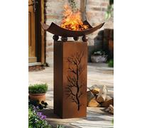 Colonne décorative avec brasero en métal aspect rouille, décoration de jardin, brasero