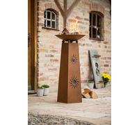Colonne décorative "Soleil" + bac à feu en métal aspect rouille, corbeille à feu