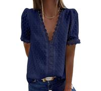 Coloody Femme Tee Shirt Dentelle Col en V, Manches Courtes Loisirs D'été Tunique en Jacquard en Dentelle Blouse Amples Caraco en Dentelle Tops Chemisiers à La Mode(Bleu Marine) S