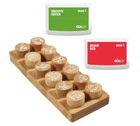 COLOP Woodies set de tampons en bois "animaux exotiques" avec 12 motifs, tampon de motivation, bois de hêtre, taille de l'empreinte: Ø 29 mm, 2 tampons encreurs inclus, red et green, 50 x 90 mm