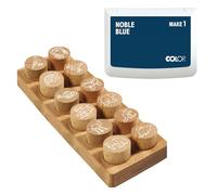 COLOP Woodies set de tampons en bois "animaux exotiques" avec 12 motifs, tampon de motivation en bois de hêtre, taille de l'empreinte: Ø 29 mm, y compris 1 coussin encreur, noble blue, 50 x 90 mm