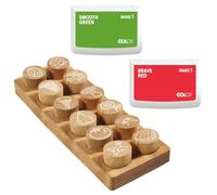COLOP Woodies set de tampons en bois "Mix" avec 12 motifs, tampon de motivation en bois de hêtre, taille de l'empreinte: Ø 29 mm, 2 tampons encreurs inclus, red et green, 50 x 90 mm