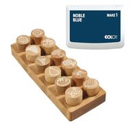 COLOP Woodies set de tampons en bois "Mix" avec 12 motifs, tampon de motivation en bois de hêtre, taille de l'empreinte: Ø 29 mm, y compris 1 coussin encreur, noble blue, 50 x 90 mm