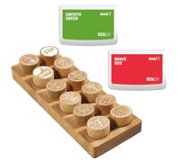 COLOP Woodies Set de tampons en bois "Motivation" avec 12 motifs, tampon de motivation en bois de hêtre, taille de l'empreinte: Ø 29 mm, 2 tampons encreurs inclus, red et green, 50 x 90 mm