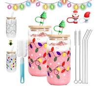 Color Changing Christmas Cup, Cute Color Changing Glass Cup with Leakproof Lid & Straw, Change Colors when Exposed to Cold, Reusable Travel Mug for Iced Coffee, Cold Drinks, Xmas Gift (2PCS,600ml)