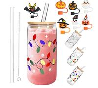 Color Changing Christmas Cup with Bamboo Lid and Glass Straw Reusable Iced Coffee Tumbler Cute Holiday Color Changing Glass Mug Leakproof Travel Cup for Smoothies Cocktails Xmas Party Gift(A#,500ML)