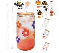 Color Changing Christmas Cup with Bamboo Lid and Glass Straw Reusable Iced Coffee Tumbler Cute Holiday Color Changing Glass Mug Leakproof Travel Cup for Smoothies Cocktails Xmas Party Gift(2-C#,380ML)