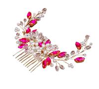 Color Crystal Pearls Wedding Hair Combs Women Headbands Accessories Flower Bridal Headpiece Clip Bride Jewelry(Rose Red)