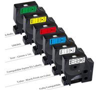 Color D1 Lot de 6 rubans adhésifs pour étiquettes Dymo D1 - Transparent/blanc/rouge/bleu/jaune/vert - Cassettes d'étiquettes de 12 mm x 7 m compatibles avec Dymo Labelmanager 160 280 210D 360D 500TS