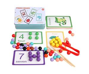 Color Recognition Game, Color Sorting Toy, Rainbow Beads Number Card Game, Matching Set with Bead Clip, Teaching Aids for Fine Motor Skills Development Includes Cards Tweezers Chopsticks Iron Box
