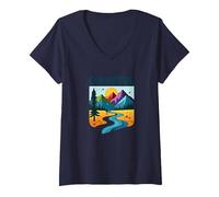 Colorado Mountain Adventure Paysage Art T-Shirt avec Col en V, Femme, Bleu Marine, XL