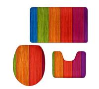 Coloranimal Ensemble de 3 tapis de bain antidérapants pour salle de bain, motif arc-en-ciel en bois rétro, tapis de toilette, housse d'abattant WC et tapis de bain, vert, orange, bleu, violet, jaune