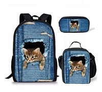 Coloranimal Ensemble sac à dos d'école 3 pièces avec ballon de football et ballon de football sur le feu et l'eau, sac à dos d'école, sac à livres pour adolescents, filles, garçons, Chaton, Sac à dos