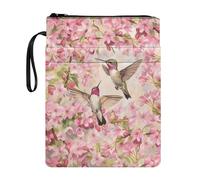 Coloranimal Pochette de livre avec fermeture éclair pour livres de poche rigide, sac de rangement tendance avec poches avant, sac d'école portable, Colibri en fleurs de cerisier rose
