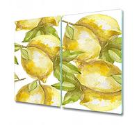 Coloray Planche À Découper Verre Trempé 2x30x52 cm Double Tapis de Découpe Protection Plaque de Cuisine Induction Cuisson - Fruits de citron Citron