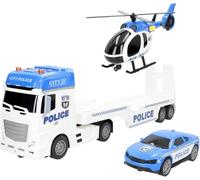 ColorBaby 39050 Speed & Go Camion porte-véhicules de police avec voiture et hélicoptère avec lumières et sons, rampe manuelle, système de friction, échelle 1:12, voitures pour enfants à partir de 3