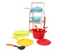 ColorBaby Play 39615 Set de Cuisine pour Enfant, 13 pièces, avec étagère à Trois Niveaux, casseroles avec Couvercle, poêle, passoire et ustensiles, Jeu Symbolique, Jouet Imitation, Depuis 24 Mois