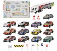 ColorBaby Speed & Go 47985 Circuit de Voiture pour Enfants, véhicules à l'échelle 1:87, système de Friction, métal et Plastique, Panneaux de signalisation, Sac à Dos de Transport, pour Enfants à