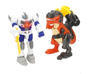 ColorBaby Warrior Tech 39639 Ensemble Robot vs Dinosaure avec lumière et Son, Mouvement de tête, Lance flèches et épée, avec Piles, Jouet interactif pour garçons et Filles à partir de 3 Ans