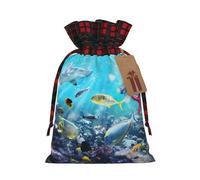 Coloré 3D Nature Scenic Of Sea Underwater Of Tropical Fish Printing Cute Color Matching Plaid Christmas Bag Drawstring Design For Christmas Party Gift Packaging