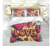 Coloré Amour Coeur Housse de Couette Graffiti Pop Art Mignon Ensemble de literie Ensemble de Housse de Couette en Microfibre Douce avec 2 taie d’Oreiller Toutes Les Saisons 260x240cm