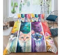 Coloré Chat Art Parure de Lit Léger Microfibre résistante 3 Pièces 3D Effet Vibrant Watercolor Housse de Couette avec 2 Taies d'oreiller Hypoallergique for Adulte Single（140x200cm）