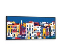 Coloré Eau Ville Toile Art Mural Paysage Urbain Moderne Murale Minimaliste Œuvres d’Art Impressions Architecture Européenne Affiche pour Salon Décor 40x101cm avec Cadre Noir
