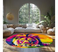 Coloré Graffiti Lion Cercle Tapis Portrait D’Animal Sol Intérieur Tapis Rond pour Chambre Salon Bureau Lavable Antidérapant 122cm(Rond)