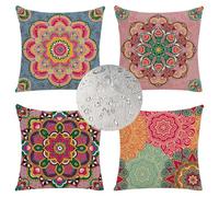 Coloré Housse Coussin 35x35cm Lot de 4 Housses de Coussin Mandala Double Face Lin Coussin Exterieur Impermeable Coussin Canape Decoratif Taie d'oreiller pour Chambre Chaise Lit Jardin Coussins PJ-6711