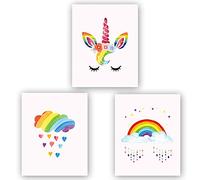 coloré Licorne Art Print Lot de 3 (25,4 x 20,3 cm) Peinture d'art Rainbow Unicorn Cadeau pour filles, peinture sur toile Posters et IMPRIME murale photos pour chambre d'enfant Home Decor, pas de cadre