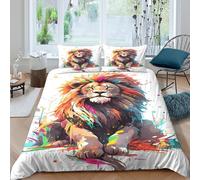 Coloré Lion Art Housse de Couette Microfibre Hypoallergique 3 Pièces 3D Imprimée Léger Vibrant Watercolor Parure de Lit avec 2 x Taies d'oreiller Super Douce for Garçons Filles Single（140x200cm）