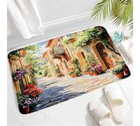 Coloré Paillasson Avant Italienne Vintage Européenne Méditerranéenne Grèce Vieille Rue Fleurs en Pot Printemps Jardin Landsc Paillasson Tapis Sortie de Douche 40×60cm pour Terrasse,Passage