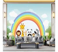 Coloré Papier Peint Intissé Dessin animé Arc-en-ciel Animaux de la forêt Poster Tableaux Photo Muraux Utilisé Pour Salon Chambre Chambre D'Enfant Décoration Murale 250 x 175 cm