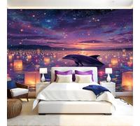 Coloré Papier Peint Panoramique Dauphin du ciel étoilé 3D Trompe L'oeil Moderne Papier Peint 250 x 175 cm Grandes Murales Poster pour Salon, Adulte Chambre d'enfants, Étude Décor