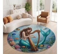 Coloré Rêveur Tapis Salon 160 cm Rond Lavable en Machine | Sirène Harpe Corail Poissons Tropicaux Tapis Chambre Descente de Lit, AntidéRapant Interieur Couloir Doux Poil Ras Moquette
