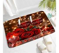Coloré Tapis de Porte intérieur et extérieur Jour Romantique Roses Rouge Fleur Verre de vin Champagne Bougies Vacances célébrer Couple Paillasson Avant Tapis WC 40×60cm pour Entrée,Terrasse,Balcon