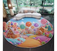 Coloré Tapis Rond 60 cm Lavable en Machine pour Salon, Parc D'Attractions Dessins Animés Candy Paradise Tapis Antidérapant Thèmes Imprimé pour Salle à Manger Chambre d’Enfant Chambre à Coucher