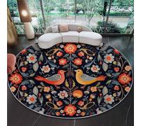 Coloré Tapis Rond Salon 60 cm, Traditionnel Peint À La Main Fleurs Oiseaux Imprimé Lavable Tapis de Sol Décoration Antidérapant pour Salon Chambre Cuisine Balcon Salle à Manger