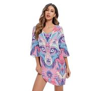Coloré Wolf Floral Casual V Neck Dress Printed Women Hawaiian Dress Short S-XXL, Loup coloré floral, Taille XL
