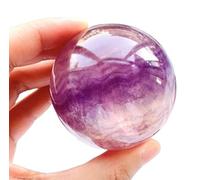 Colored Fluorite Engraved Crystal Ball with Wooden Stand, Polished Stone Sphere Sculpture Figurine for Feng Shui Home Office Table Display,6~7cm
