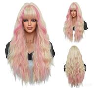 Colored Wig with Bangs for Women, Long Wavy Ombre Wig with Dark Roots | Heat Resistant Synthetic Hair for Daily Wear, Party and Cosplay(White+Pink+Gold)