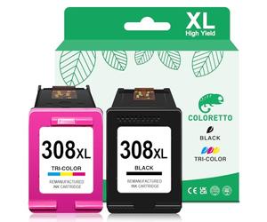 COLORETTO 308XL Envy 6120e 6132e 6520e Cartouche pour HP 308 Envy 6132e 6530e 6110e 6122e 6165e 6558e 6130 6532e 6100 6500 Series DeskJet 2920 4320 Cartouches d'encre pour HP 308 XL Noir et Couleur