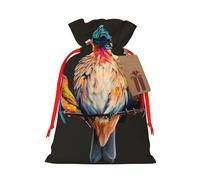 Colorful Bird 1 Sac de Noël réutilisable avec cordon de serrage imprimé pour fête de Noël, emballage cadeau de Noël, ruban rouge, M