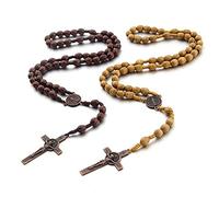 COLORFUL BLING Lot de 2 chapelets en bois naturel avec pendentif en forme de croix - Pendentif catholique - Prière de Jésus Saint - Pour homme et femme - Fait à la main - Bijoux religieux en bois