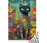 Colorful Cat Art 1000 Pieces for Adults Gifts Floral Black Cat Yellow Eyes Challenging & Brainteasing Home Activity 52x38cm 1000pcs