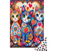 Colorful Cat Art 1000Pc Jigsaw Puzzle for Adults Three Heart Pattern Cats Impossible Hard Difficult & Educational Decompression 70x50cm 1000pcs